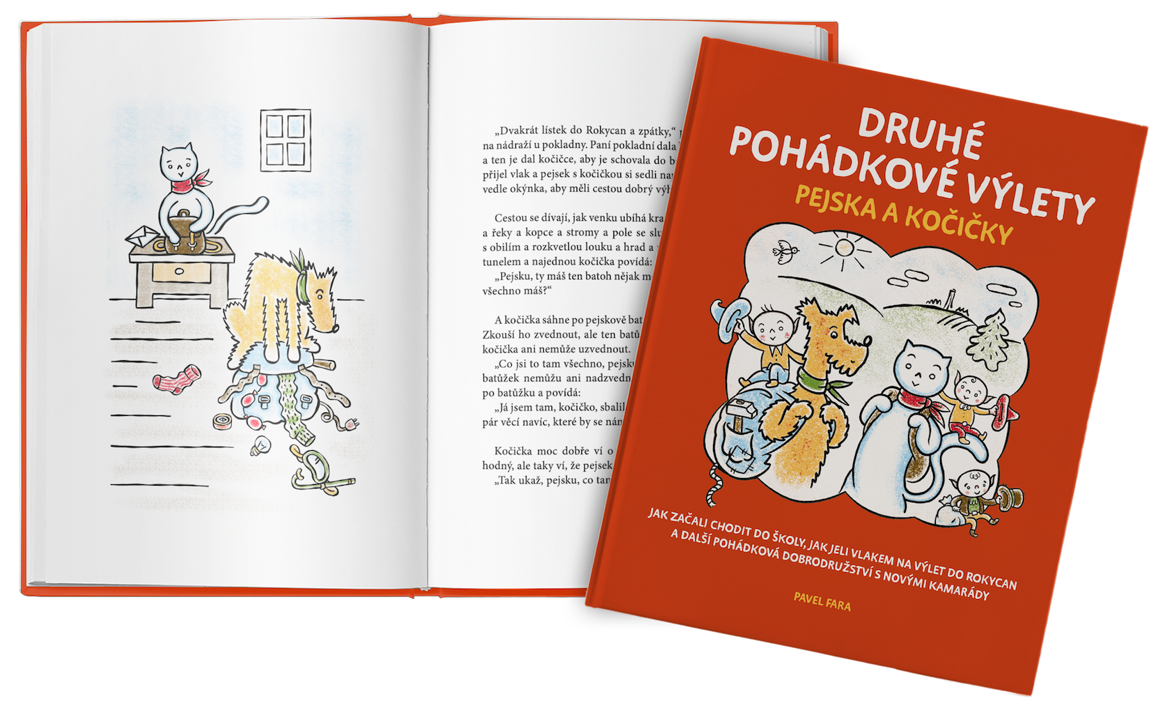 Otevřená kniha s barevnými ilustracemi pejska a kočičky