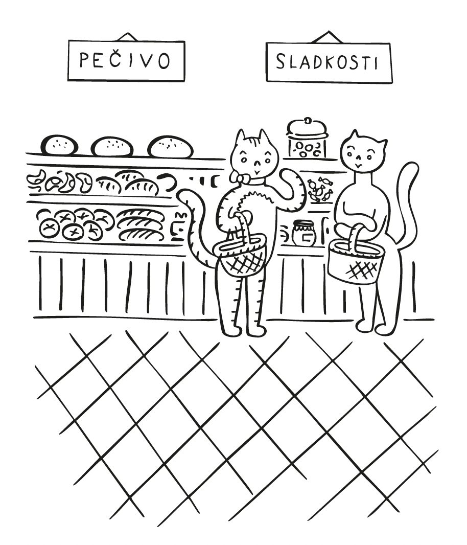 Dvě kočičky s košíky nakupují v obchodě pod cedulemi pečivo a sladkosti.